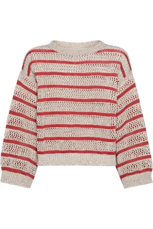 Brunello Cucinelli Swetry, Kobieta, Beżowy, M, Taupe Pasiasty Sweter z Okrągłym Dekoltem