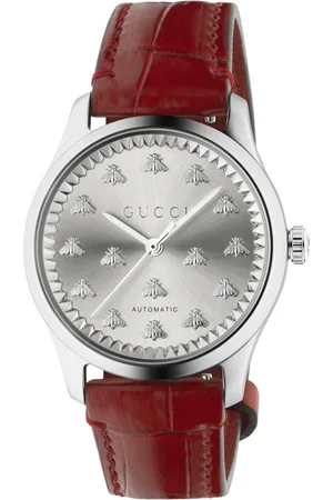 Gucci Akcesoria, Kobieta, brązowy, ONE SIZE, 38 mm stalowa koperta, szczotkowana tarcza z pszczołami, czerwony pasek z aligatora