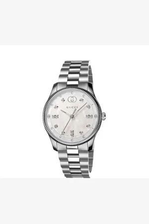 Gucci Akcesoria, Kobieta, Szary, ONE SIZE, G-Timeless 29 mm stalowa koperta, biala perlowa tarcza z i napisem, indeksy diamentow, stalowy bransoletka