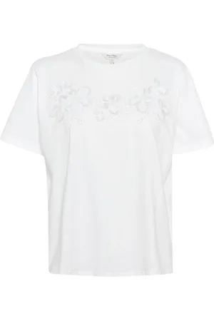 Part Two Koszulki, Kobieta, Biały, L, Biały T-shirt z ozdobami perłowymi i cekinami
