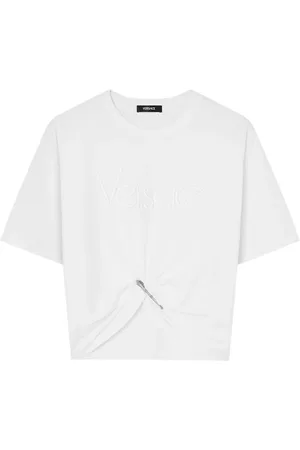VERSACE Koszulki, Kobieta, Biały, M, Bawełna, Biała Crop T-shirt z designem agrafki