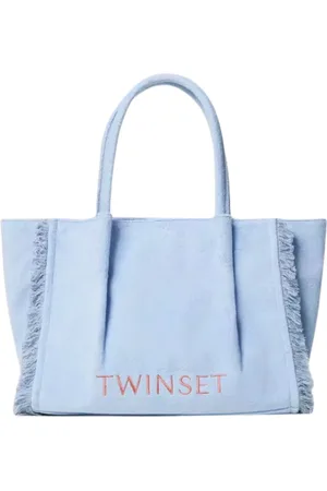 Twin-Set Torebki, Kobieta, Niebieski, ONE SIZE, Poliester, Torba typu Shopper z dżinsu z postrzępionymi krawędziami