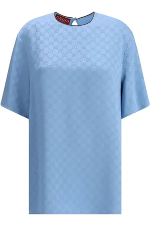 Gucci Koszulki, Kobieta, Niebieski, M, Niebieska Satynowa Koszula Elegancka Stylowa