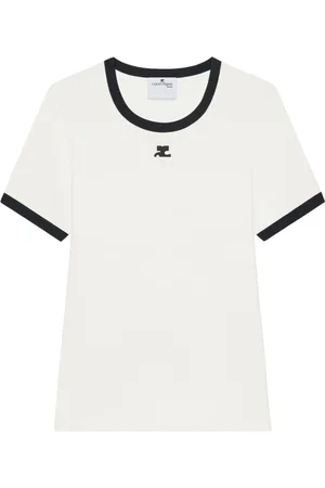 Courrèges Koszulki, Kobieta, Biały, L, Biała Naszywka Crew Neck Top
