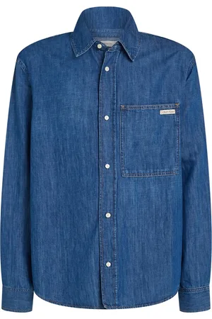 Calvin Klein Koszule, Mężczyzna, Niebieski, S, Bawełna, Niebieskie Jeansyy Regular Fit Kontrastowe Guziki