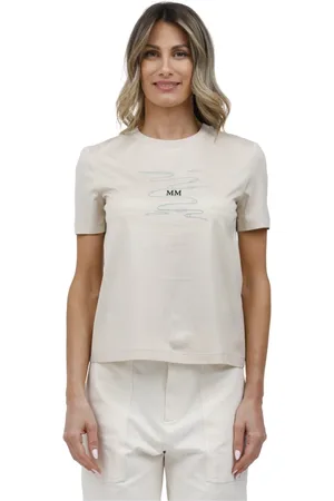 Max Mara Koszulki, Kobieta, Beżowy, XL, T-shirt z krótkim rękawem, dekoltem w serek, nadrukiem i haftowanym logo