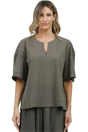 Max Mara Bluzki, Kobieta, Zielony, L, Koreańska koszula z dekoltem w serek i krótkimi rękawami