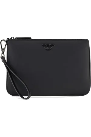Emporio Armani Torebki, Mężczyzna, Czarny, ONE SIZE, Nylon, Czarna Pochette z Nilonu z Metalowym Logo Orła