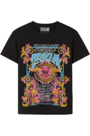 VERSACE Koszulki, Mężczyzna, Czarny, L, T-shirt z Grafiką Trasy z Kryształami