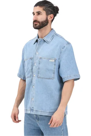 Calvin Klein Koszule, Mężczyzna, Niebieski, S, Denim, Jeansyowa koszula z krótkim rękawem styl casual