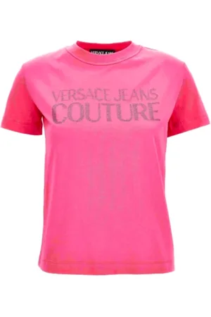 VERSACE Koszulki, Kobieta, Różowy, M, Kryształowy T-shirt z logo - Rękaw krótki