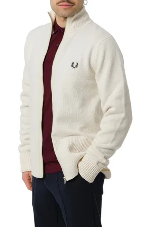 Fred Perry Swetry, Mężczyzna, Biały, M, Kardigan w Paski Biały Wełniany