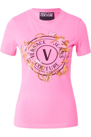 VERSACE Koszulki, Kobieta, Różowy, L, T-shirt z logo Barocco i kryształami