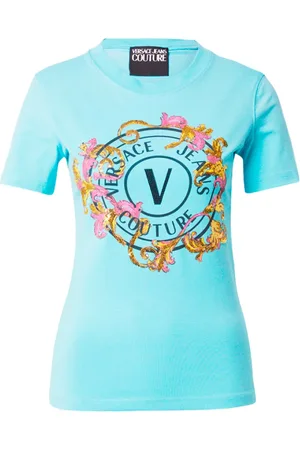 VERSACE Koszulki, Kobieta, Niebieski, M, T-shirt z logo Barocco i kryształami