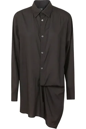 YOHJI YAMAMOTO Sukienki, Kobieta, Czarny, S, Czarna koszula z celulozy z asymetrycznym wzorem