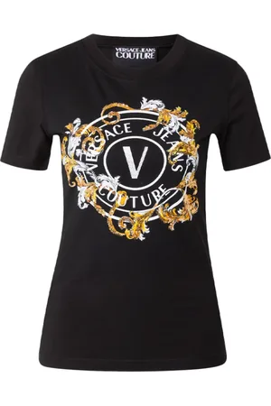 VERSACE Koszulki, Kobieta, Czarny, M, T-shirt z logo Barocco i kryształami
