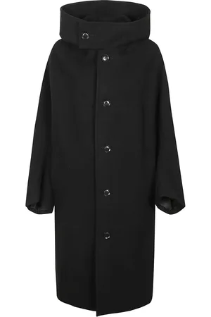 YOHJI YAMAMOTO Płaszcze, Kobieta, Czarny, S, Nylon, Czarny płaszcz z wełnianym kapturem