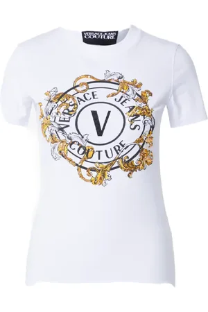 VERSACE Koszulki, Kobieta, Biały, M, T-shirt z logo Barocco i kryształami