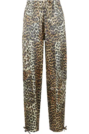 Ganni Spodnie, Kobieta, brązowy, S, Leopard Print Satin Drawstring Pants