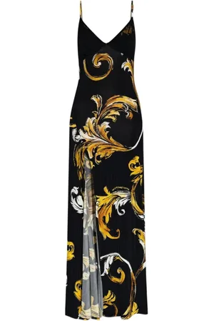 VERSACE Sukienki, Kobieta, Czarny, S, Czarna Sukienka z Wzorem Barocco i Rozcięciem