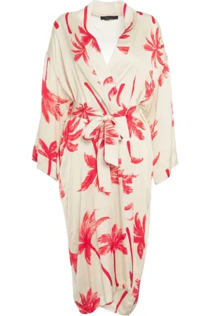 Kaos Sukienki, Kobieta, Beżowy, S, Beżowa Satynowa Kimono Kurtka z Nadrukiem