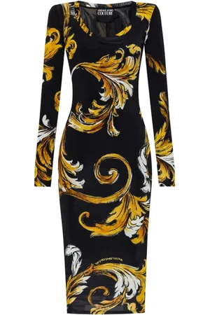 VERSACE Sukienki, Kobieta, Wielobarwność, S, Czarna Sukienka z nadrukiem Barocco