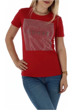 Guess Koszulki, Kobieta, Czerwony, M, Czerwony T-shirt z bawełny z okrągłym dekoltem