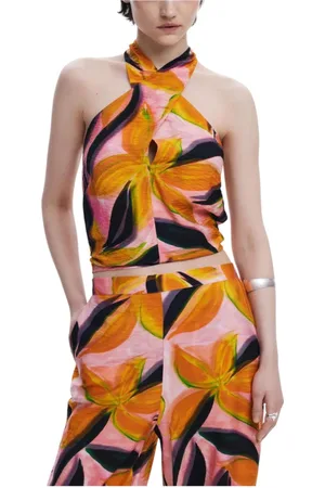 Desigual Koszulki, Kobieta, Pomarańczowy, M, Len, Żywy Kolorowy Wzór Top