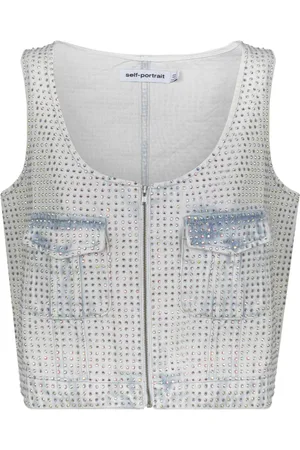 Self-Portrait Koszulki, Kobieta, Niebieski, M, Denim, Jasnoniebieski Denim Rhinestone Top