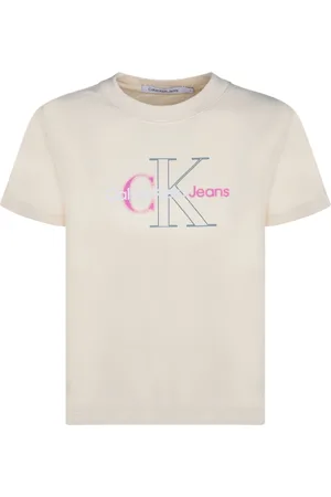 Calvin Klein Koszulki, Kobieta, Beżowy, M, Cropped T-shirt z nadrukiem logo