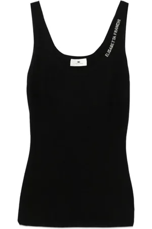 Elisabetta Franchi Koszulki, Kobieta, Czarny, M, Top z wełny merynosa z logo