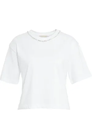 SEMICOUTURE Koszulki, Kobieta, Biały, M, Bawełna, Biała koszulka z kryształkami dekolt typu crew neck