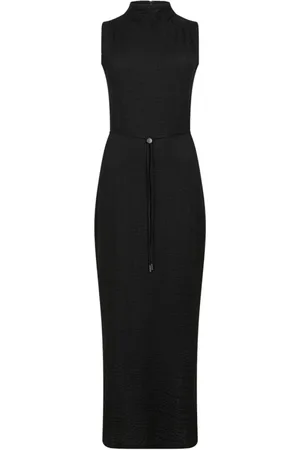 Calvin Klein Sukienki, Kobieta, Czarny, M, Czarna Długa Sukienka z Wiązanym Pasem