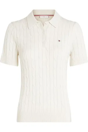 Tommy Hilfiger Koszulki, Kobieta, Biały, L, Sweter Polo z Plecionym Kablem