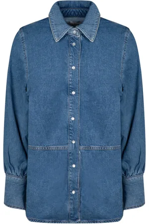 Ganni Koszule, Kobieta, Niebieski, S, Denim, Koszula z Denimu z Ozdobnymi Kryształkami
