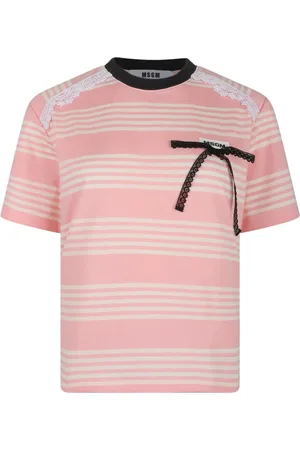 Msgm Koszulki, Kobieta, Różowy, S, T-shirt w paski z kokardą