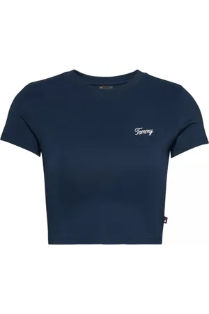 Tommy Hilfiger Koszulki, Kobieta, Niebieski, XS, Granatowa Crop T-shirt z Logo
