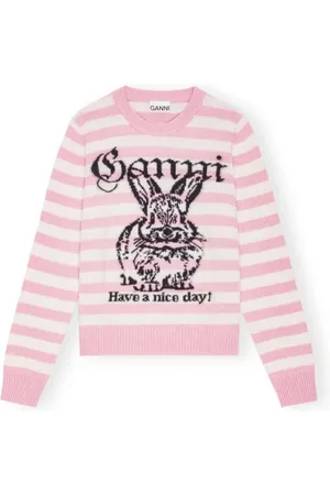 Ganni Swetry, Kobieta, Różowy, XS, Wełna, Pasiasty Sweter z Króliczkiem Primrose