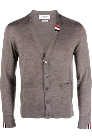 Thom Browne Swetry, Mężczyzna, brązowy, 2XL, Brązowy Sweter z Wzorem Jersey V-Neck