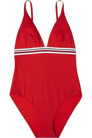 Tommy Hilfiger Stroje kąpielowe, Kobieta, Czerwony, L, Nylon, Paski głęboki dekolt strój kąpielowy