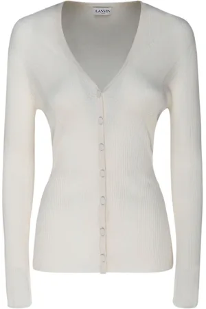 Lanvin Swetry, Kobieta, Biały, M, Jedwabny Rozpinany Sweter z Dekoltem w serek