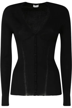 Lanvin Swetry, Kobieta, Czarny, L, Czarny Jedwabny Sweter z Dekoltem w serek