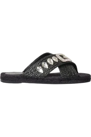 GAËLLE Buty, Kobieta, Czarny, 36 EU, Czarne Logo Ozdobione Plaskie Sandaly Damskie