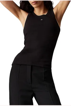 Calvin Klein Koszulki, Kobieta, Czarny, XS, Bawełna, Graficzny Wąski Tank Top