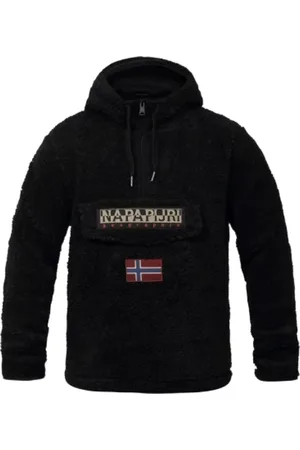 Napapijri Bluzy, Mężczyzna, Czarny, L, Czarna Bluza z Kapturem i Półzamkiem z Norweska Flagą