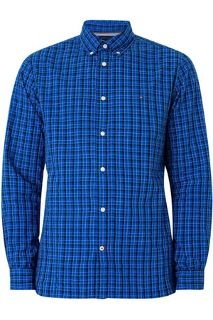 Tommy Hilfiger Koszule, Mężczyzna, Niebieski, M, Niebieska koszula w kratę z długimi rękawami
