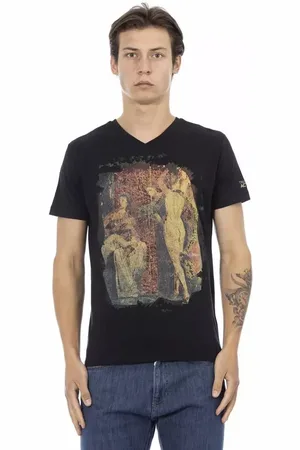 Trussardi Koszulki, Mężczyzna, Czarny, XL, Bawełna, Stylowe T-shirt z V-dekoltem i artystycznym nadrukiem