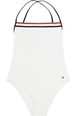 Tommy Hilfiger Stroje kąpielowe, Kobieta, Biały, L, Nylon, Elegancki Kostium w Paski z Dekoltem na Plecach