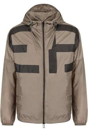 Emporio Armani Kurtki, Mężczyzna, Beżowy, L, Nylon, Nylonowa Kurtka z Kapturem i Logo