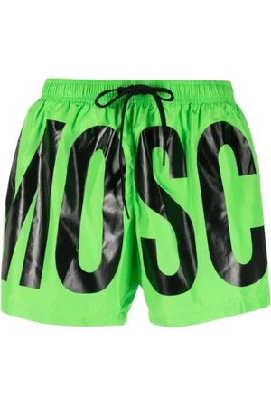 Moschino Stroje kąpielowe, Mężczyzna, Zielony, M, Nylon, Fluorescencyjne spodenki kąpielowe z czarnym nadrukiem
